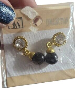 JM Collection Gold-Tone Clear Crystal and Black Bead Drop Earrings